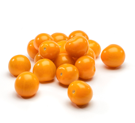 I clustered group of orange/yellow tomatoes on a blank white background.